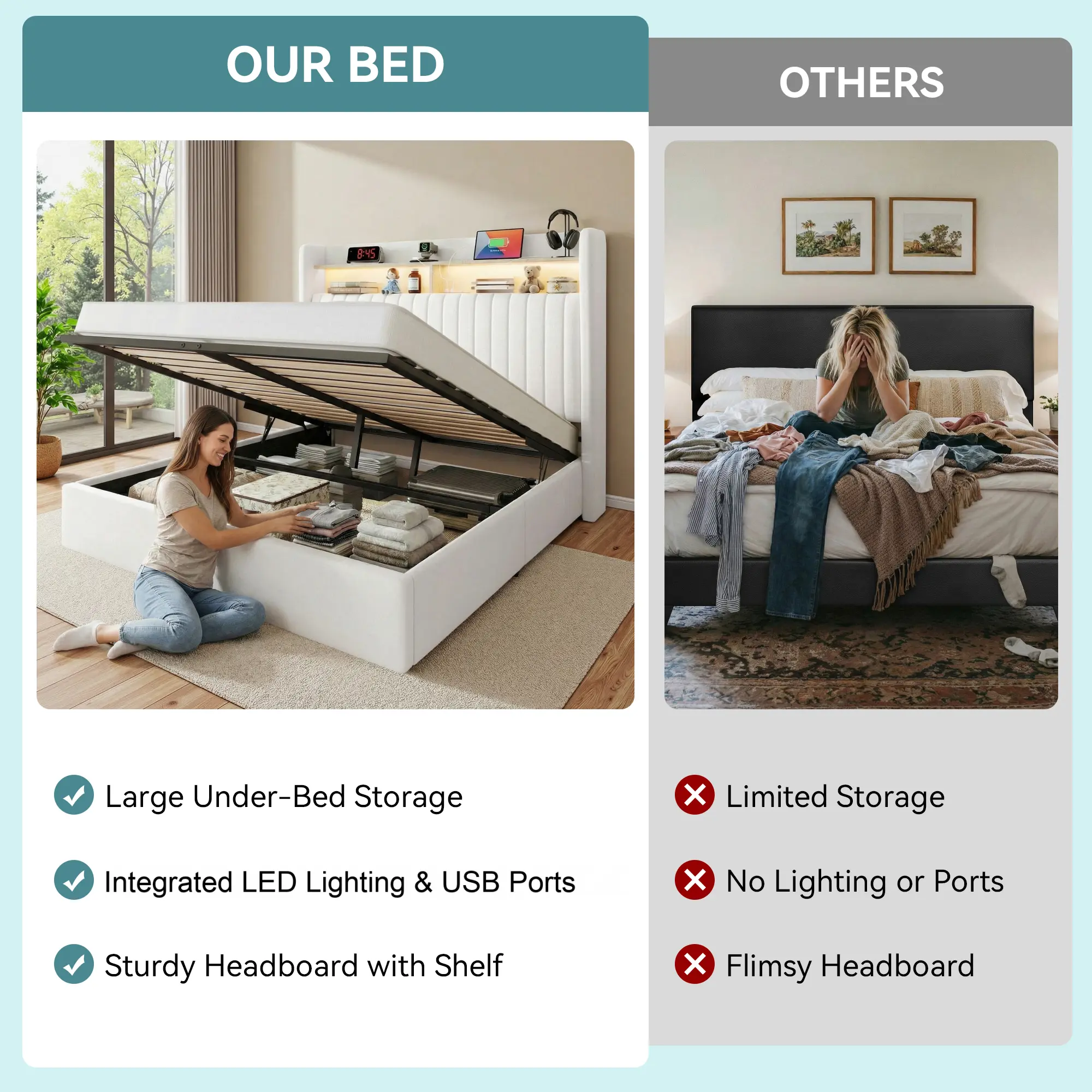 Estructura de cama elevable de tamaño completo con almacenamiento integrado (con estación de carga). Incluye cabecero con estantes y puertos USB y tipo C, sistema de soporte hidráulico y tapicería de terciopelo, eliminando la necesidad de un somier de mue