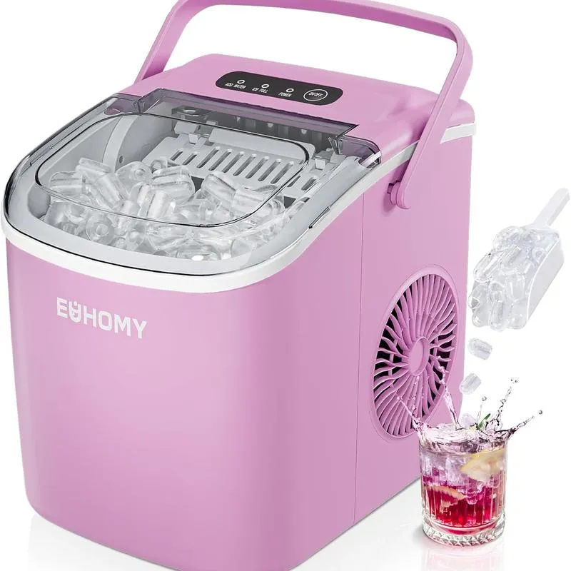 EUHOMY Máquina de Hielo de Encimera con Mango, Produce 11,79 kg en 24 horas, 9 Cubos en 6 Minutos, Función Autolimpieza, Portátil, Incluye Canasta y Cucharón, Ideal para Hogar, Cocina, Camping y RV.