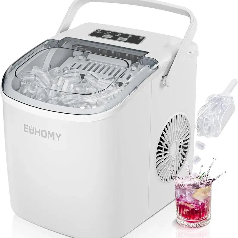 EUHOMY Máquina de Hielo de Encimera con Mango, Produce 11,79 kg en 24 horas, 9 Cubos en 6 Minutos, Función Autolimpieza, Portátil, Incluye Canasta y Cucharón, Ideal para Hogar, Cocina, Camping y RV.