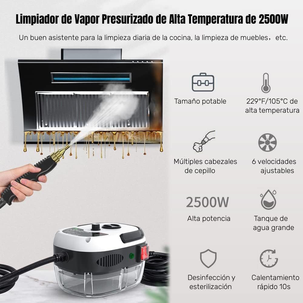 Limpiador de Vapor Portátil 2500W, con 3 Cabezales de Cepillo y 1 Boquilla Curva, Máquina Limpiador de Vapor de Mano Alta Presion Alta Temperatura para Limpieza Cocina, Baño, Coche,