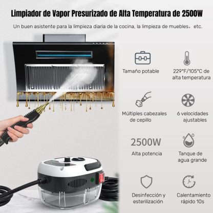 Limpiador de Vapor Portátil 2500W, con 3 Cabezales de Cepillo y 1 Boquilla Curva, Máquina Limpiador de Vapor de Mano Alta Presion Alta Temperatura para Limpieza Cocina, Baño, Coche,