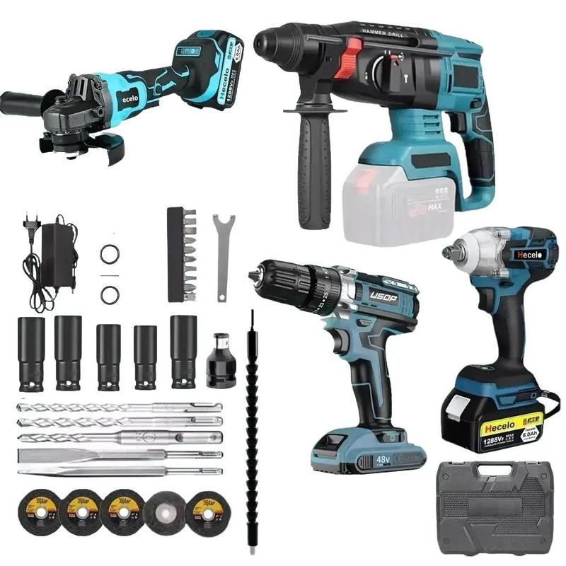 Kit de herramientas Profesional 4 en 1 Brushless | Taladro Inalámbrico, Llave de Impacto, Amoladora Angular y Rotomartillo SDS | 2 Baterías | Kit Completo para Hogar y Carpintería