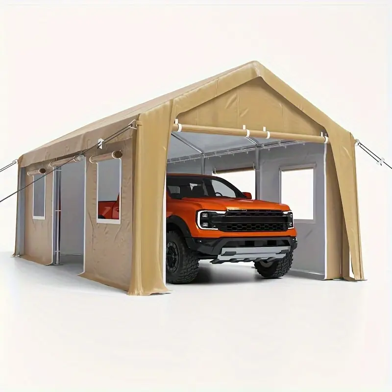 Carpa para autos de alta resistencia de 13x20, toldo para autos con paredes laterales y puertas extra&iacute;bles, garaje port&aacute;til extragrande para autos con ventanas enrollables y lona para todas  , para autos, camionetas, SUV, gris detalles 0