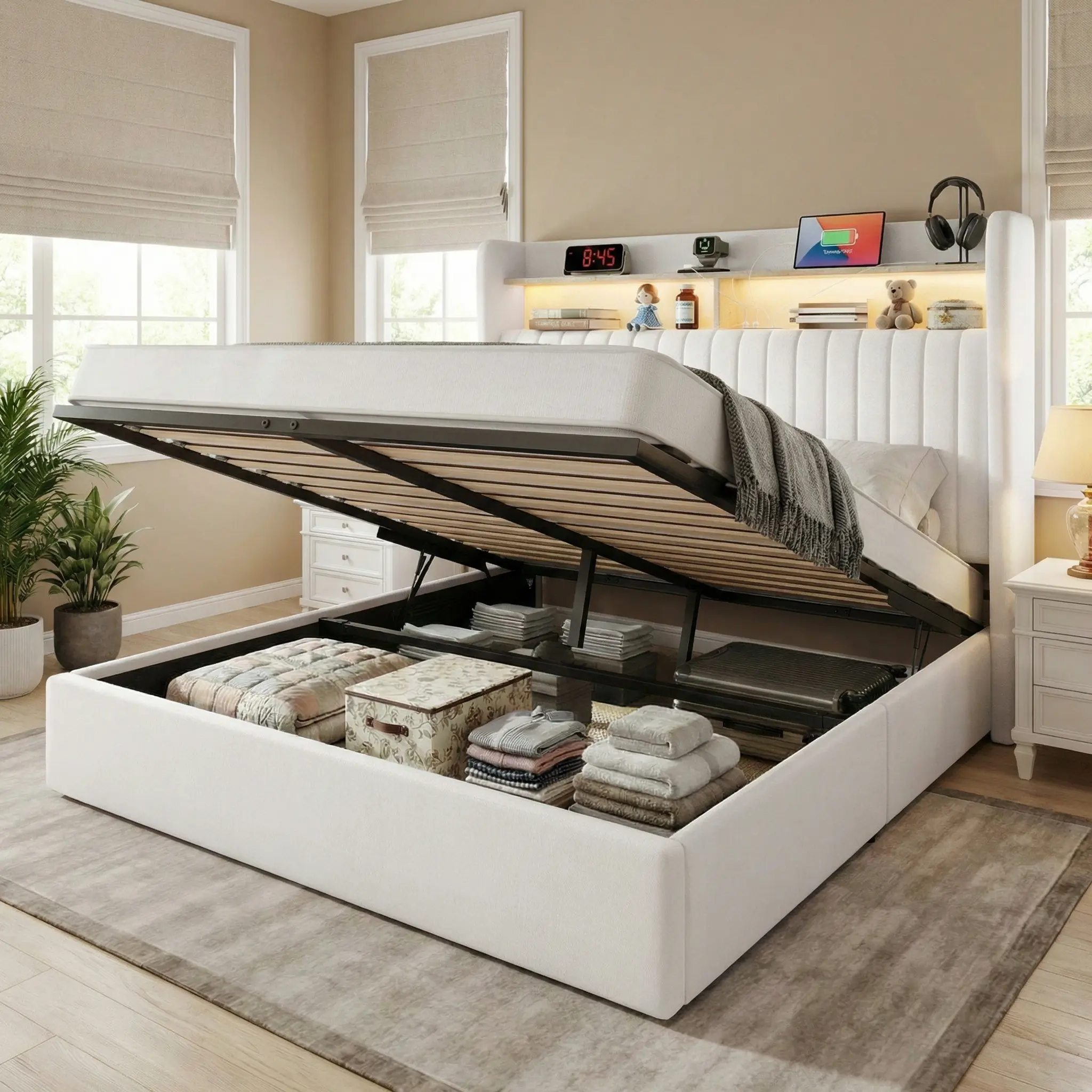 Estructura de cama elevable de tamaño completo con almacenamiento integrado (con estación de carga). Incluye cabecero con estantes y puertos USB y tipo C, sistema de soporte hidráulico y tapicería de terciopelo, eliminando la necesidad de un somier de mue