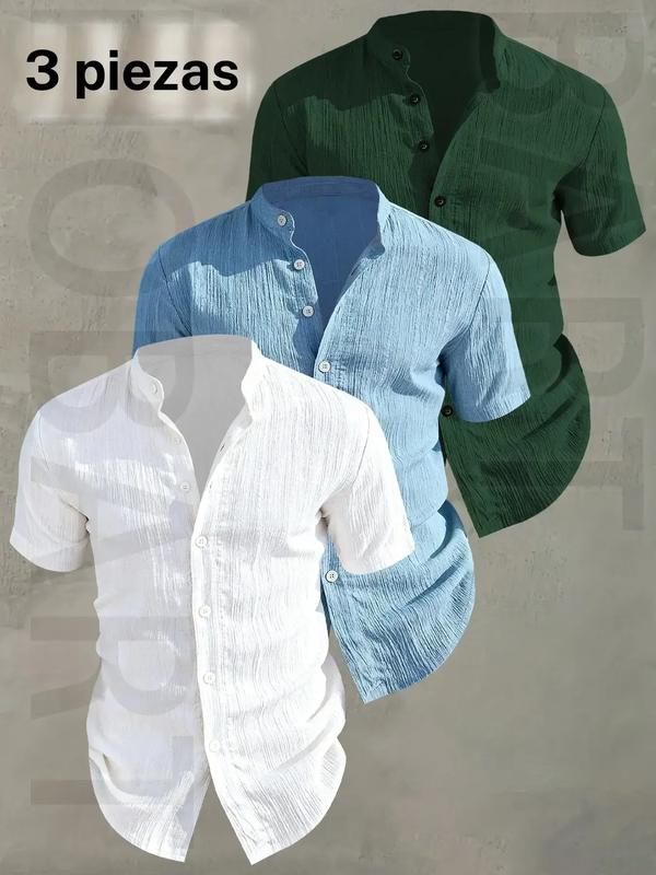 Camisa de verano de manga corta para hombre — Camisa casual abotonada, ligera y transpirable, de color liso y cuello mao; diseño de escote bajo ideal para vacaciones en la playa, fiestas en la piscina y atuendos informales; camisa playera, regalo para el