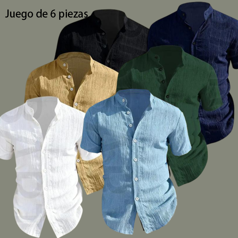 Camisa de verano de manga corta para hombre — Camisa casual abotonada, ligera y transpirable, de color liso y cuello mao; diseño de escote bajo ideal para vacaciones en la playa, fiestas en la piscina y atuendos informales; camisa playera, regalo para el