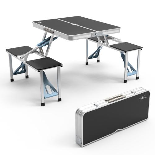 Juego de mesa de pícnic y camping de 4 pies con 4 asientos, estructura de aluminio con soporte de hasta 220 libras, diseño plegable tipo maleta con orificio para sombrilla; ideal para barbacoas, viajes, excursiones, reuniones y vehículos recreativos (RV).