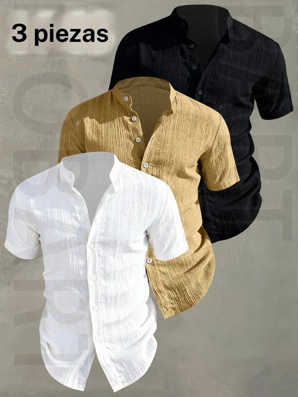 Camisa de verano de manga corta para hombre — Camisa casual abotonada, ligera y transpirable, de color liso y cuello mao; diseño de escote bajo ideal para vacaciones en la playa, fiestas en la piscina y atuendos informales; camisa playera, regalo para el