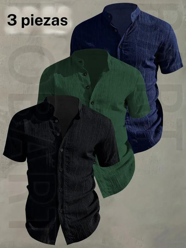 Camisa de verano de manga corta para hombre — Camisa casual abotonada, ligera y transpirable, de color liso y cuello mao; diseño de escote bajo ideal para vacaciones en la playa, fiestas en la piscina y atuendos informales; camisa playera, regalo para el