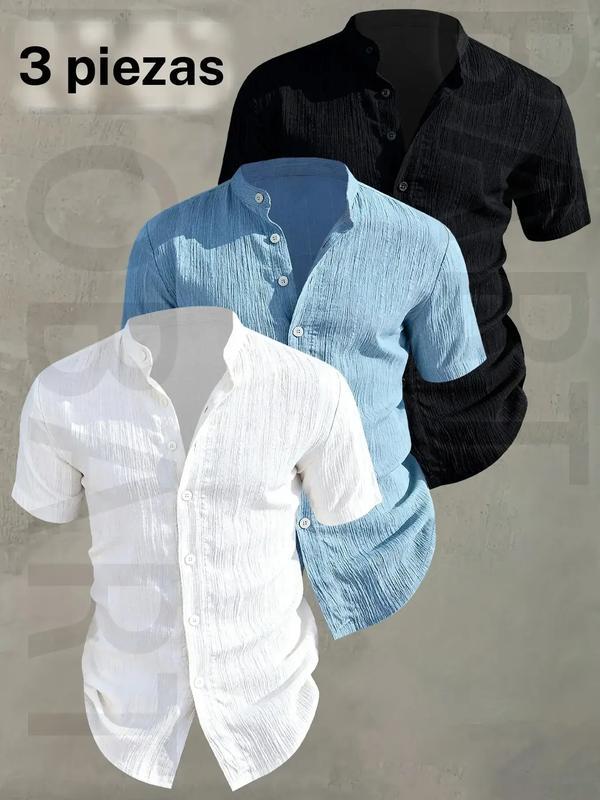 Camisa de verano de manga corta para hombre — Camisa casual abotonada, ligera y transpirable, de color liso y cuello mao; diseño de escote bajo ideal para vacaciones en la playa, fiestas en la piscina y atuendos informales; camisa playera, regalo para el
