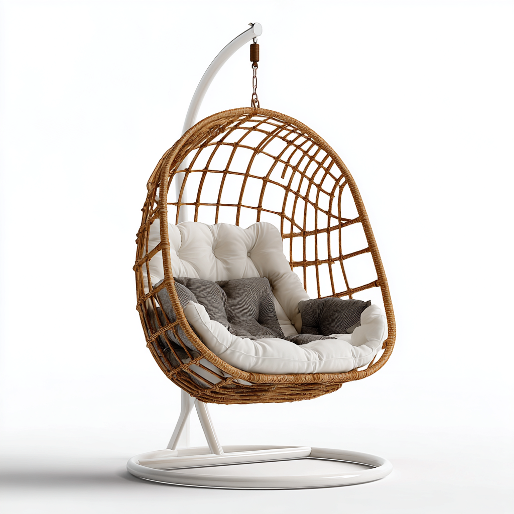 Chaise suspendue en rotin avec support 120x100x195 cm - rotin naturel-blanc - design confortable pour intérieur et extérieur-Bambooupio