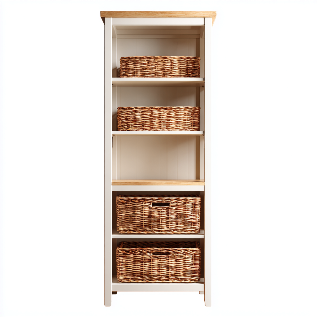Bibliothèque bois blanc et rotin 65x30x150 cm beige - rangement décoratif pour salon et entrée-Bambooupio