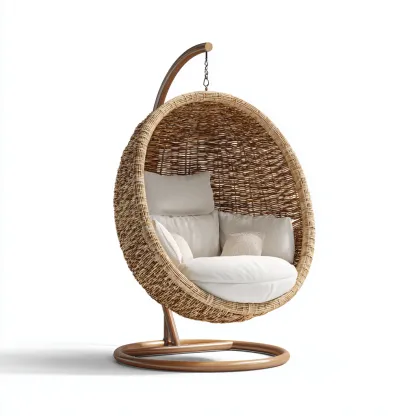 Chaise suspendue Rotin-Métal 115x105x205 cm Naturel-Blanc Style bohème-Bambooupio