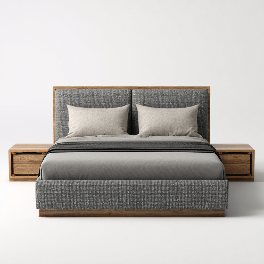 Lit double bois-tissu 200x160x100 cm - gris-bois naturel - pour chambre - design moderne-Bambooupio