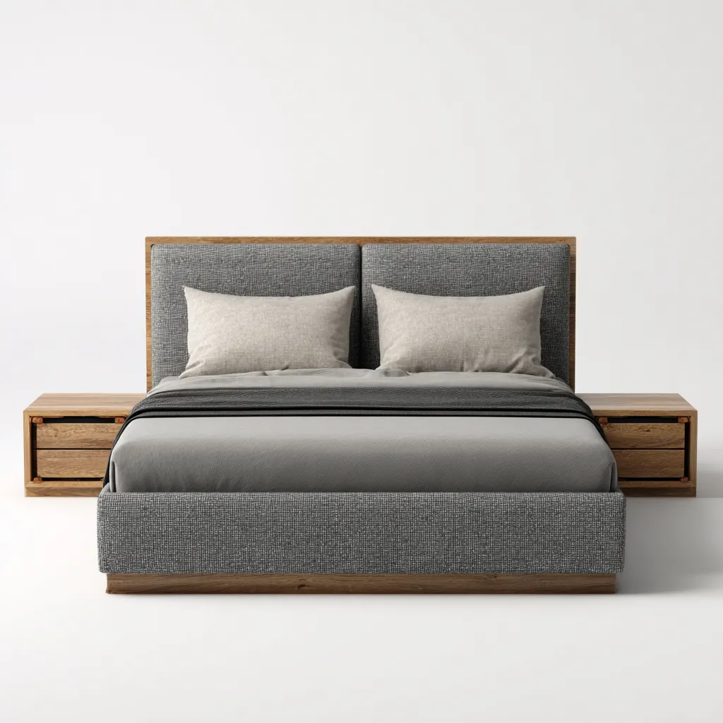 Lit double bois-tissu 200x160x100 cm - gris-bois naturel - pour chambre - design moderne-Bambooupio