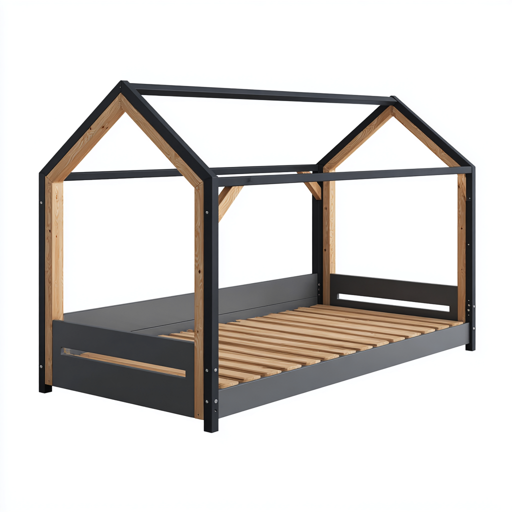 Lit enfant Bois-Métal 200x90x160 cm Naturel-Noir Style moderne-Bambooupio