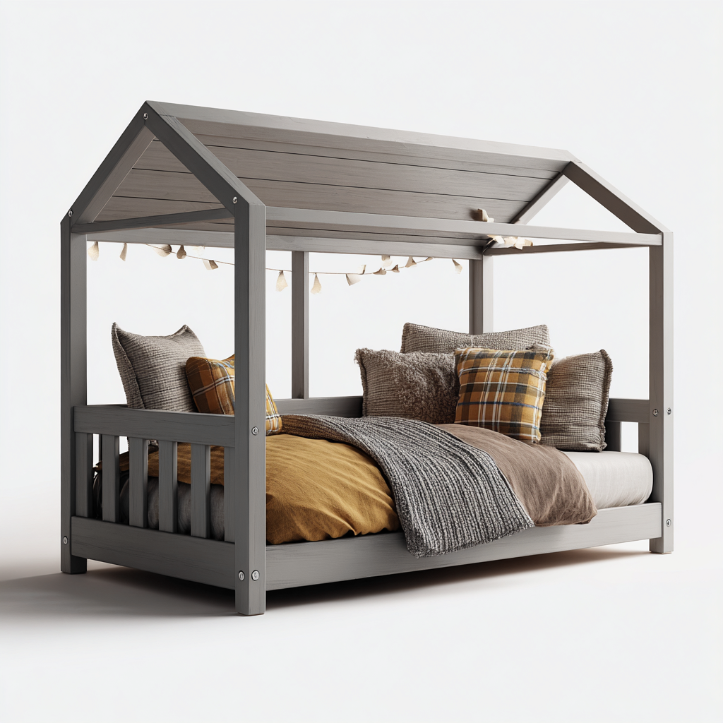 Lit enfant 180x90x150 cm gris moderne - cadre en forme de maison-Bambooupio
