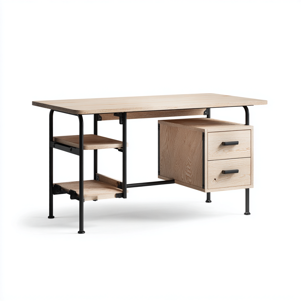 Bureau Bois-Métal 140x60x75 cm - Bois clair-Noir - Style industriel-Bambooupio