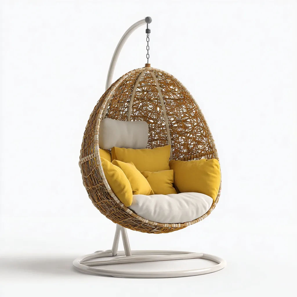 Chaise suspendue Rotin-Métal 110x100x200 cm Naturel-Blanc Style bohème-Bambooupio