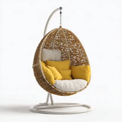 Chaise suspendue Rotin-Métal 110x100x200 cm Naturel-Blanc Style bohème-Bambooupio