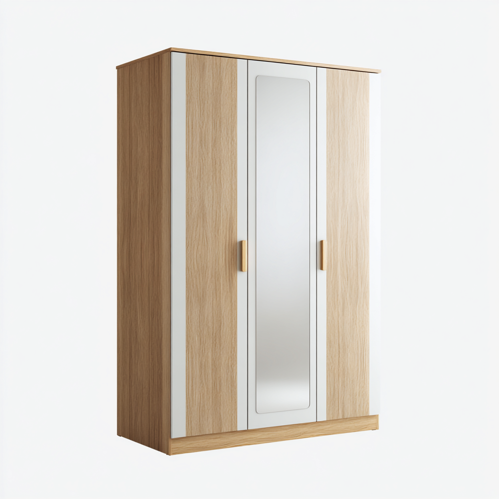 Armoire en bois avec miroir 150x55x190 cm - blanc-bois naturel - rangement moderne pour chambre-Bambooupio