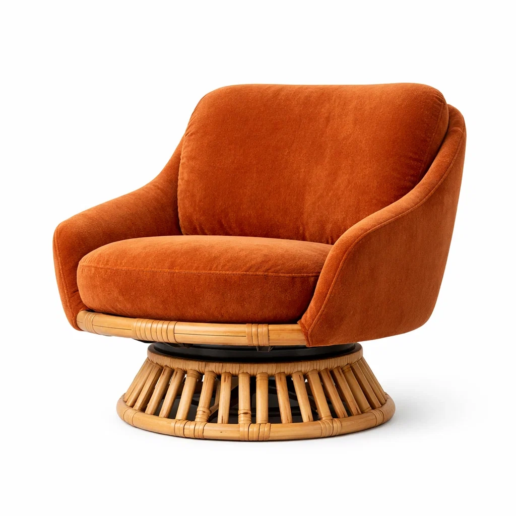 Sedia girevole velluto e bambù arancione 90x80x75 cm-LUXEROOMDESIGN