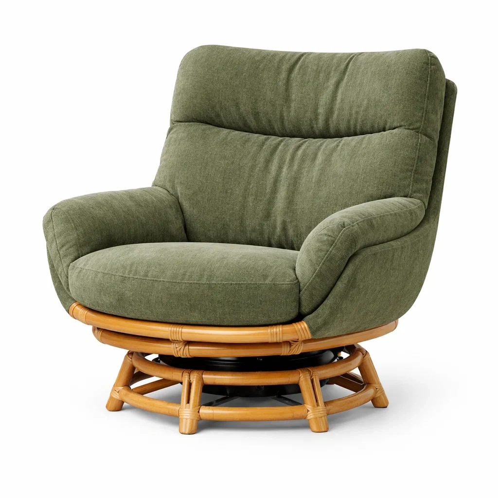Sedia girevole in tessuto verde con struttura in rattan-LUXEROOMDESIGN