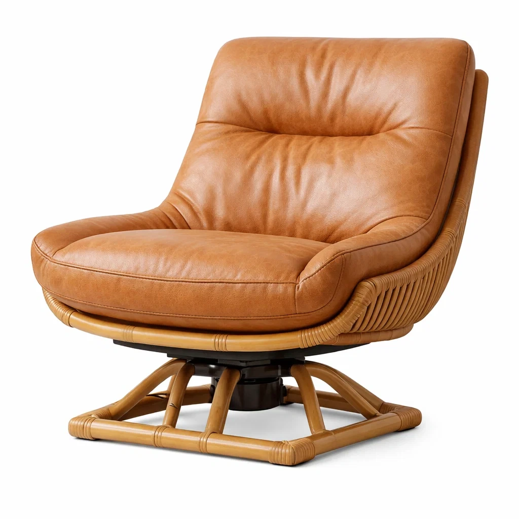 Sedia girevole in pelle sintetica marrone con struttura in rattan-LUXEROOMDESIGN