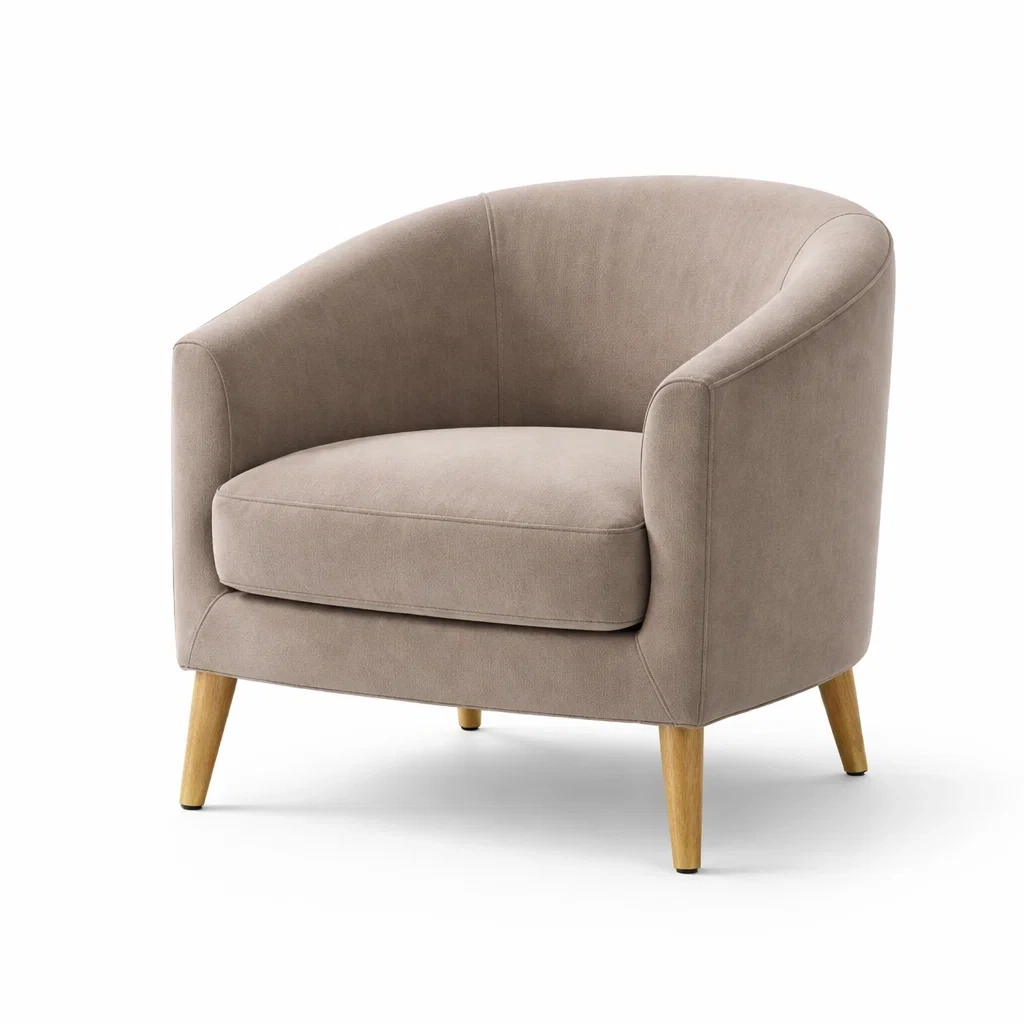 Sedia da relax tessuto beige con gambe in legno di quercia-LUXEROOMDESIGN