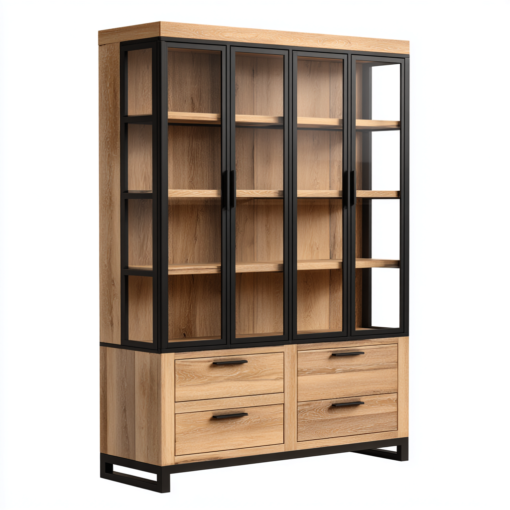 Vitrine bois et métal 120x40x200 cm - chêne naturel - noir - style industriel - adaptée à la cuisine-Dengetnest