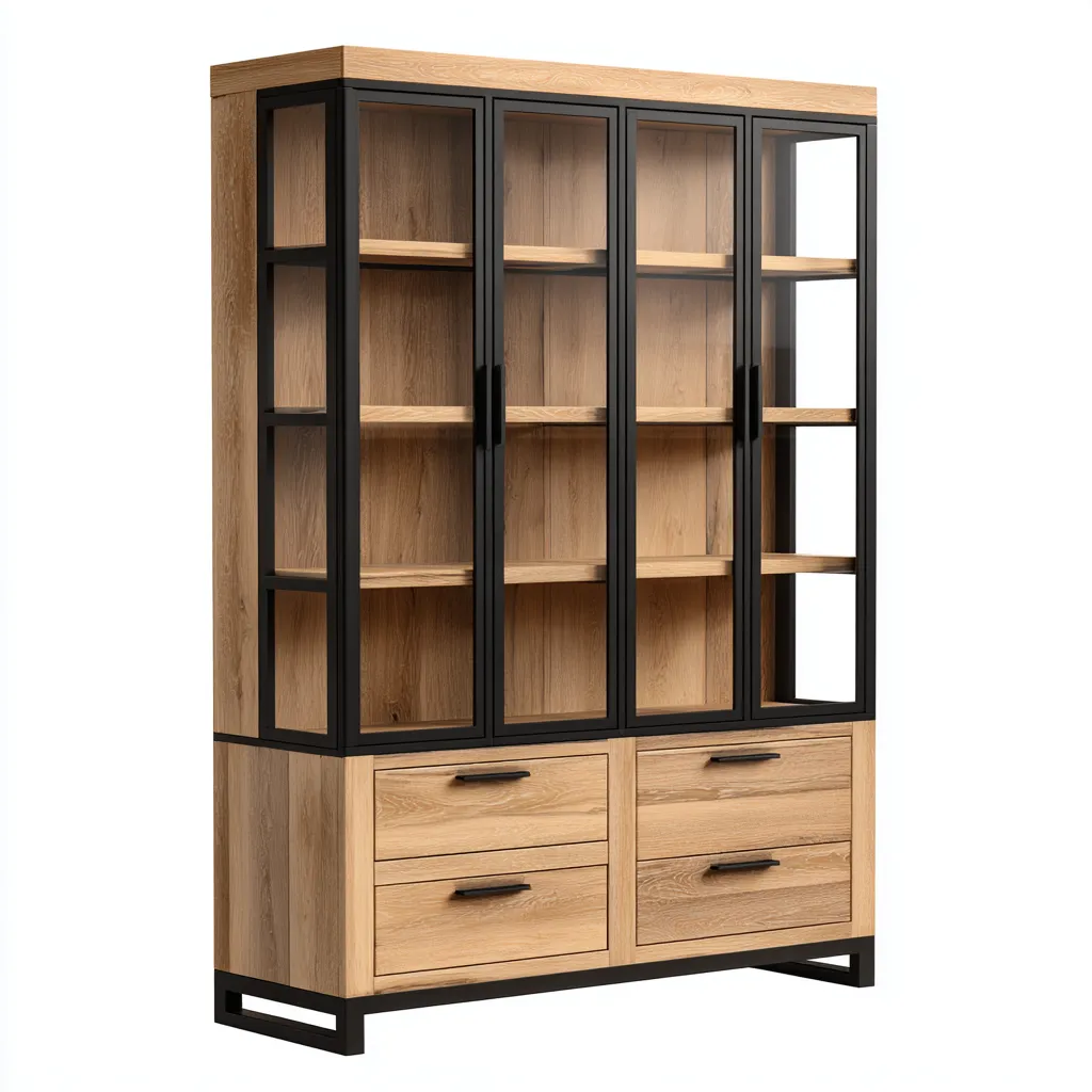 Vitrine bois et métal 120x40x200 cm - chêne naturel - noir - style industriel - adaptée à la cuisine-Dengetnest