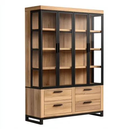 Vitrine bois et métal 120x40x200 cm - chêne naturel - noir - style industriel - adaptée à la cuisine-Dengetnest