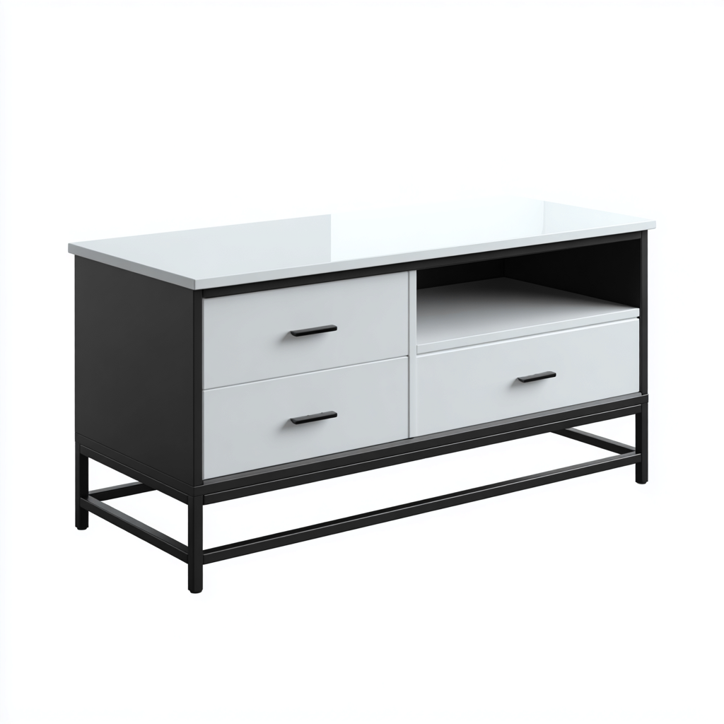 Meuble TV bois et métal 120x40x55 cm - blanc - noir - style moderne - adapté au salon-Dengetnest