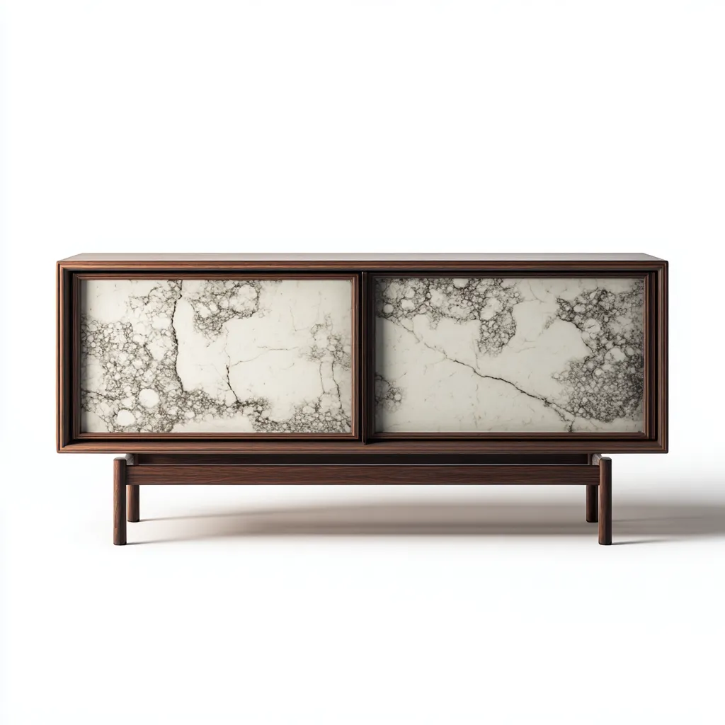 Meuble TV bois et marbre 140x40x70 cm - bois brun - beige - style moderne - adapté au salon-Dengetnest