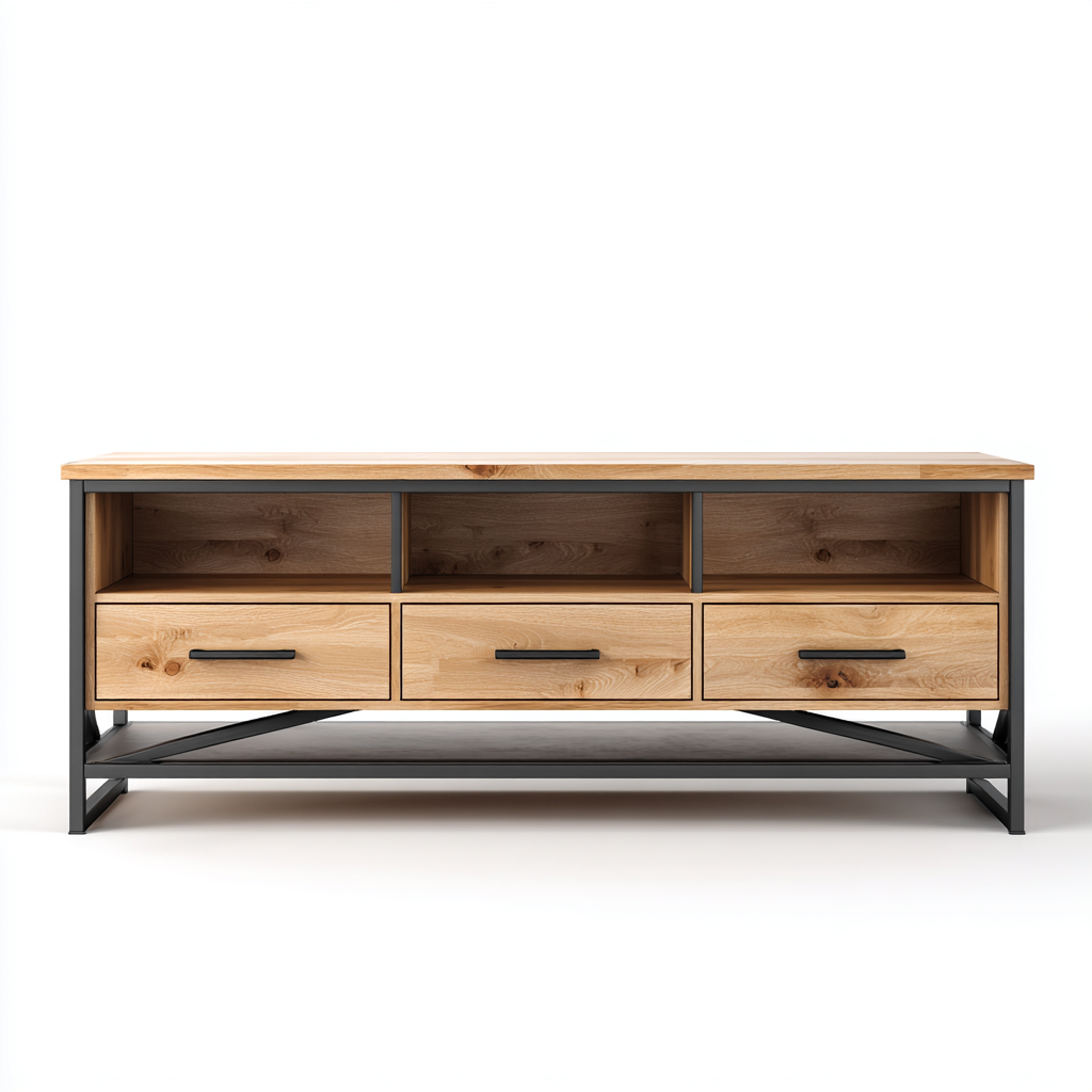 Meuble TV bois et métal 150x40x55 cm - chêne clair - noir - style industriel - adapté au salon-Dengetnest