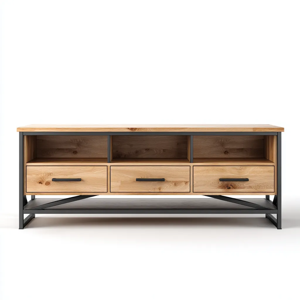 Meuble TV bois et métal 150x40x55 cm - chêne clair - noir - style industriel - adapté au salon-Dengetnest