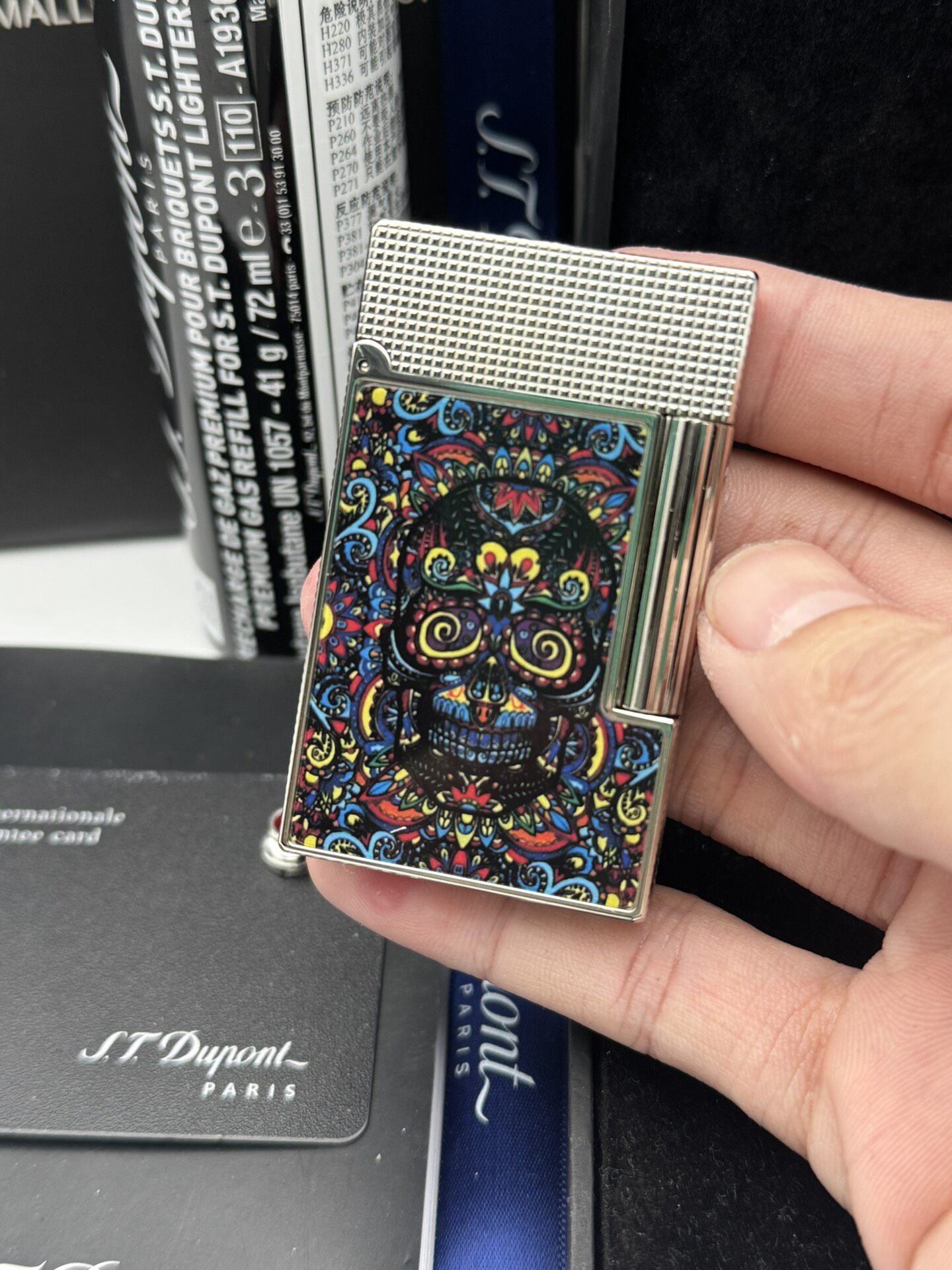 Mexican Sugar Skull Silver Lighter | Colorful Day of the Dead Art Double Flame Butane Lighter With Gift Box