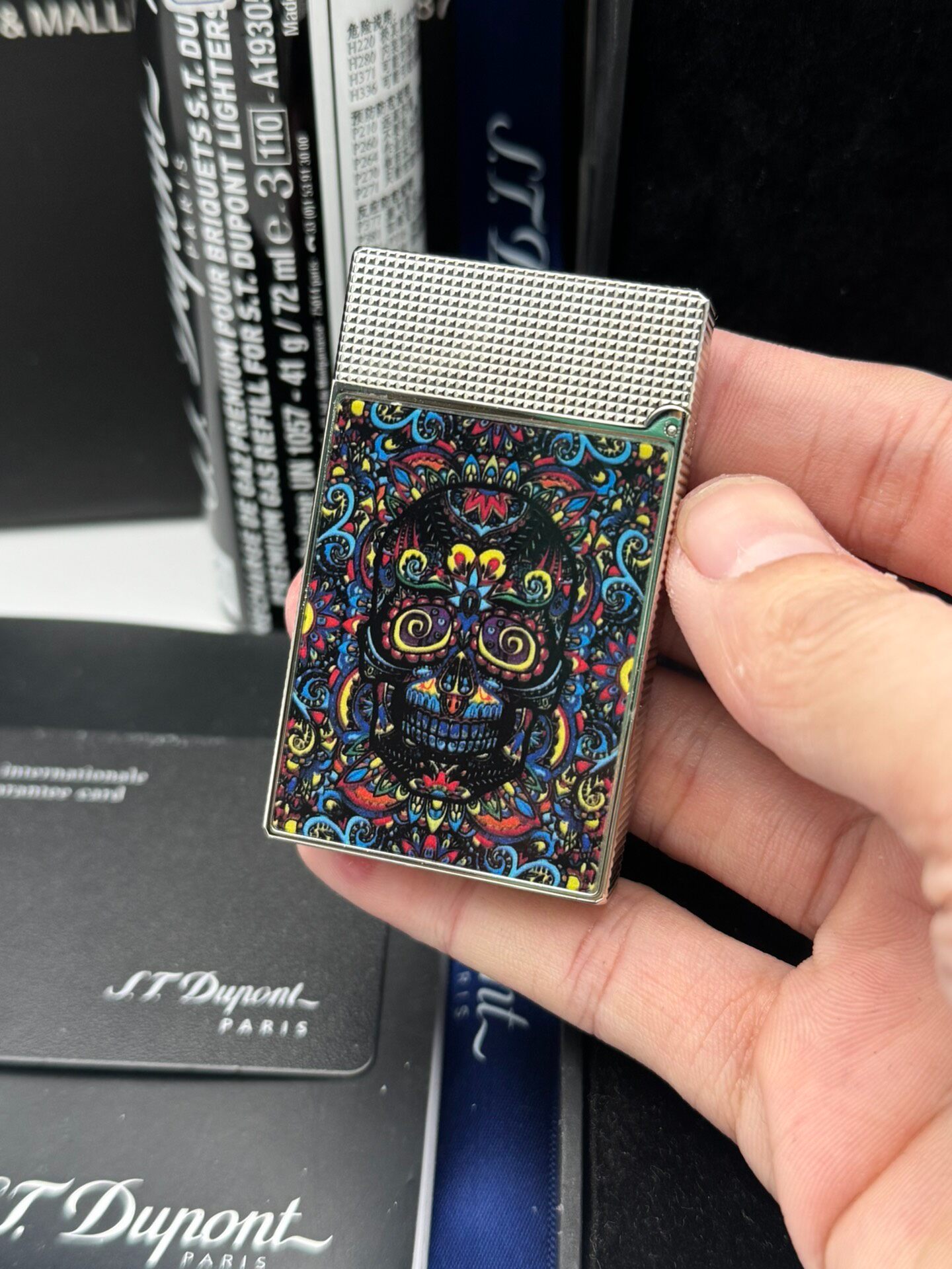 Mexican Sugar Skull Silver Lighter | Colorful Day of the Dead Art Double Flame Butane Lighter With Gift Box