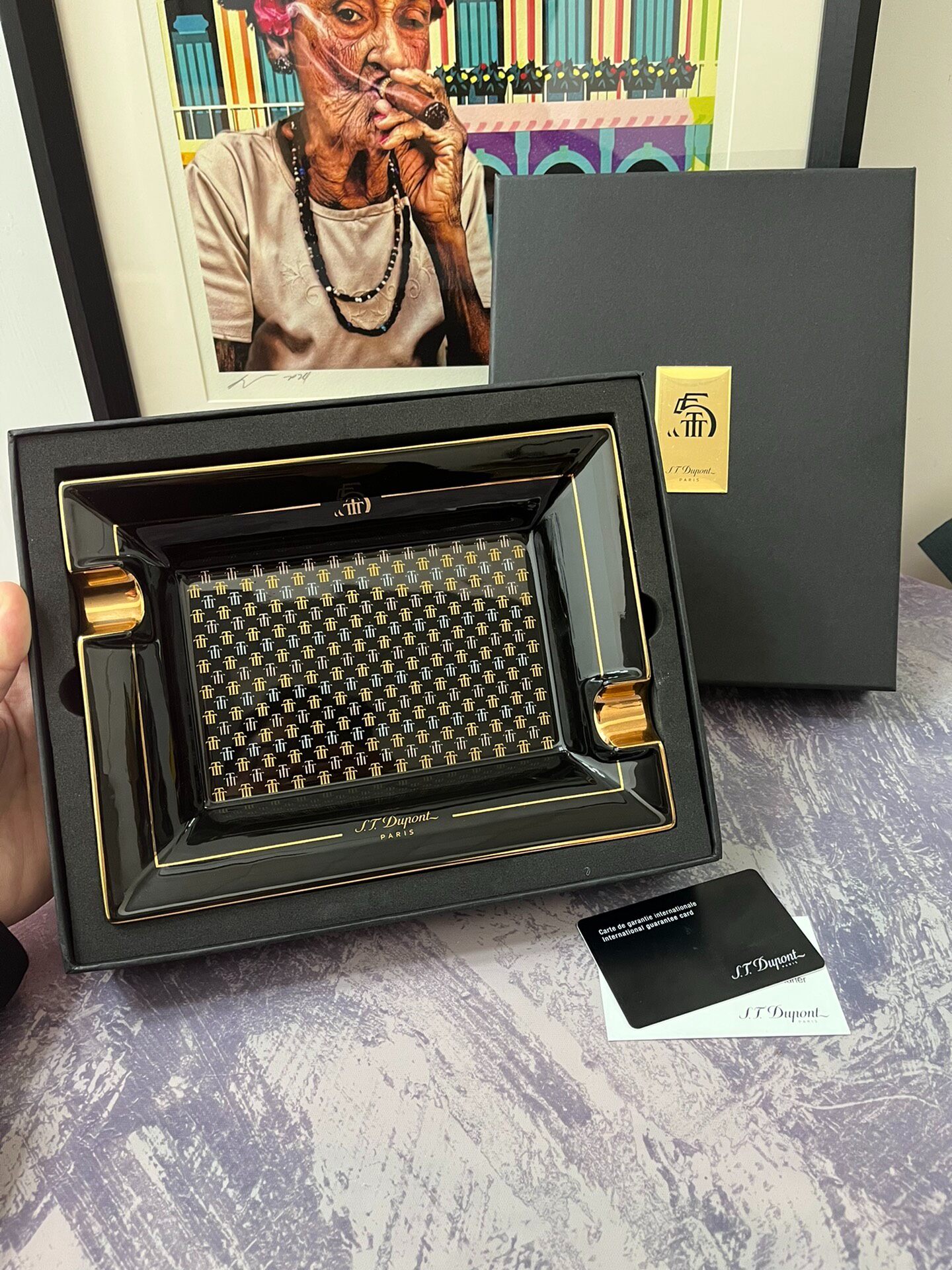 ST Dupont France T. 55th Anniversary Limited Edition Ashtray Black Lacquer Gold Trim Ceramic Gift Box