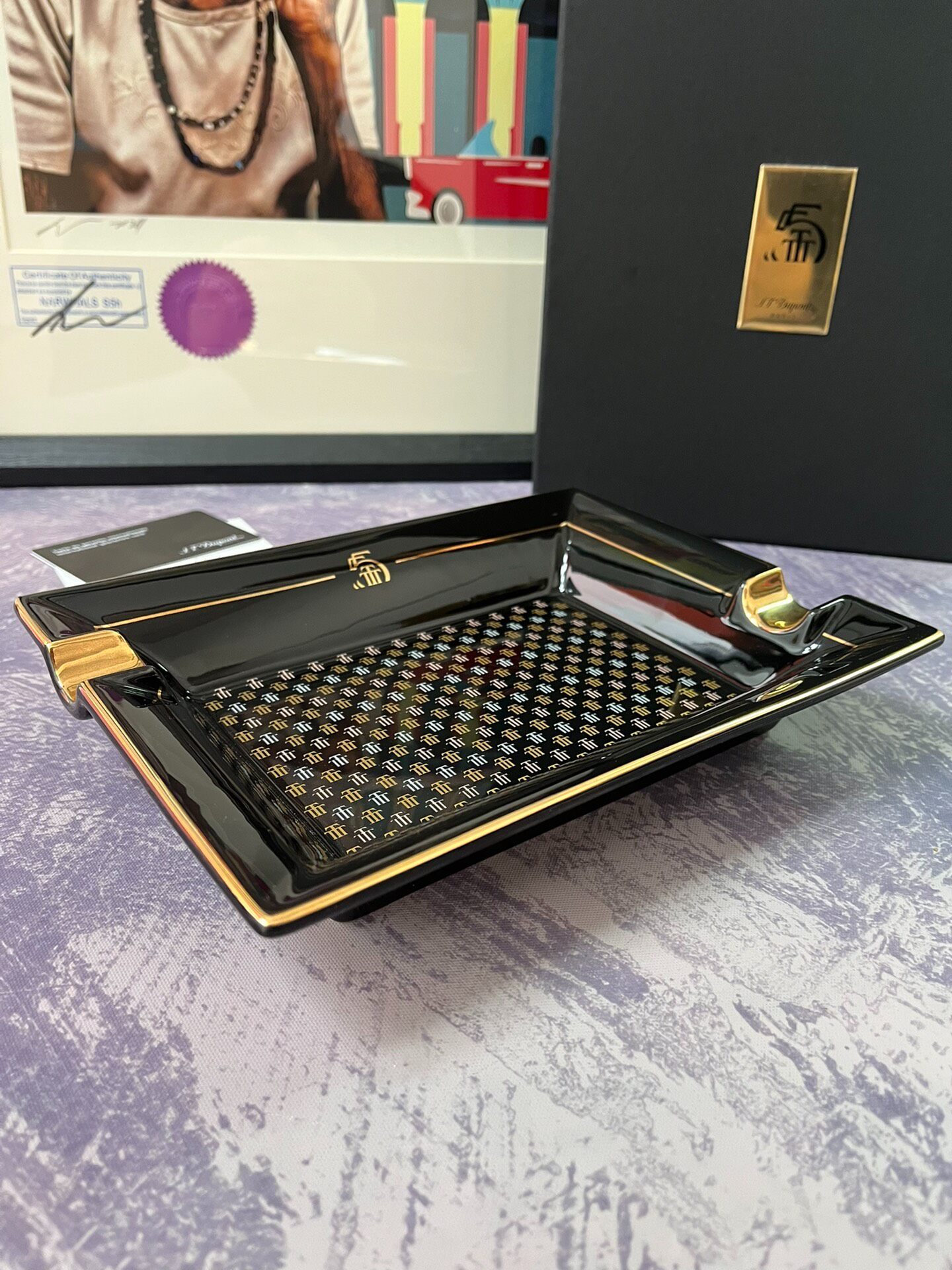 ST Dupont France T. 55th Anniversary Limited Edition Ashtray Black Lacquer Gold Trim Ceramic Gift Box