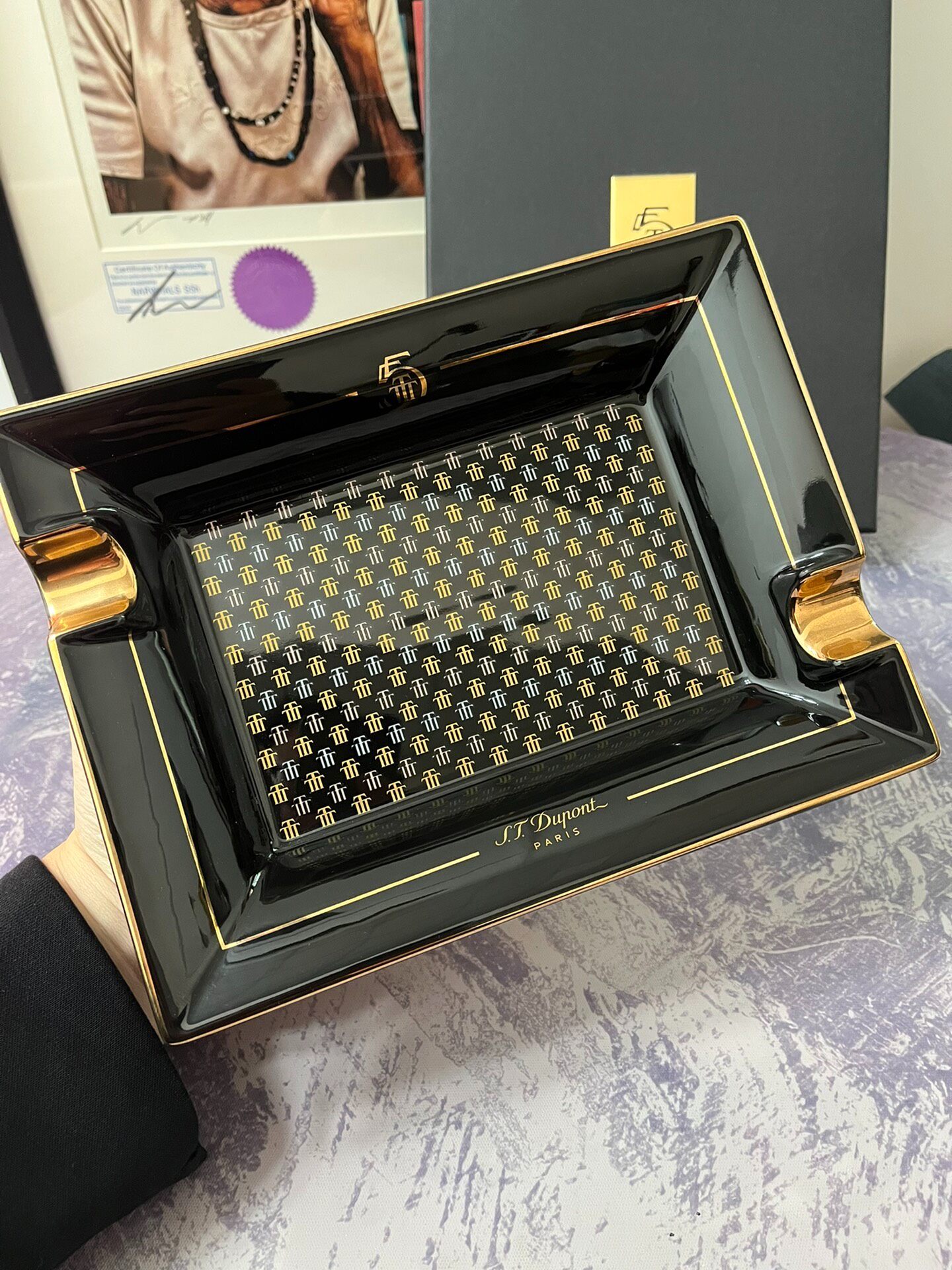 ST Dupont France T. 55th Anniversary Limited Edition Ashtray Black Lacquer Gold Trim Ceramic Gift Box