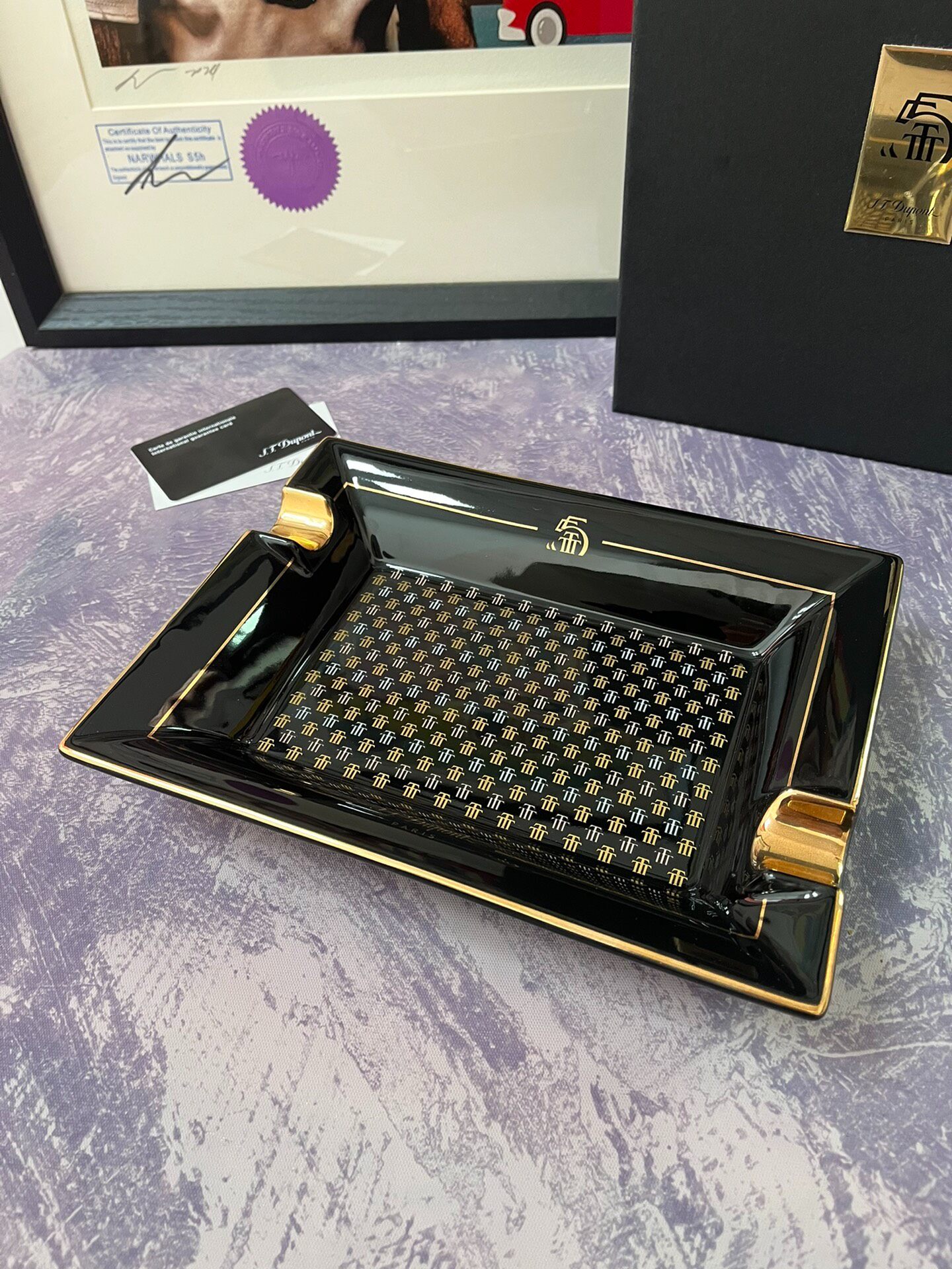 ST Dupont France T. 55th Anniversary Limited Edition Ashtray Black Lacquer Gold Trim Ceramic Gift Box