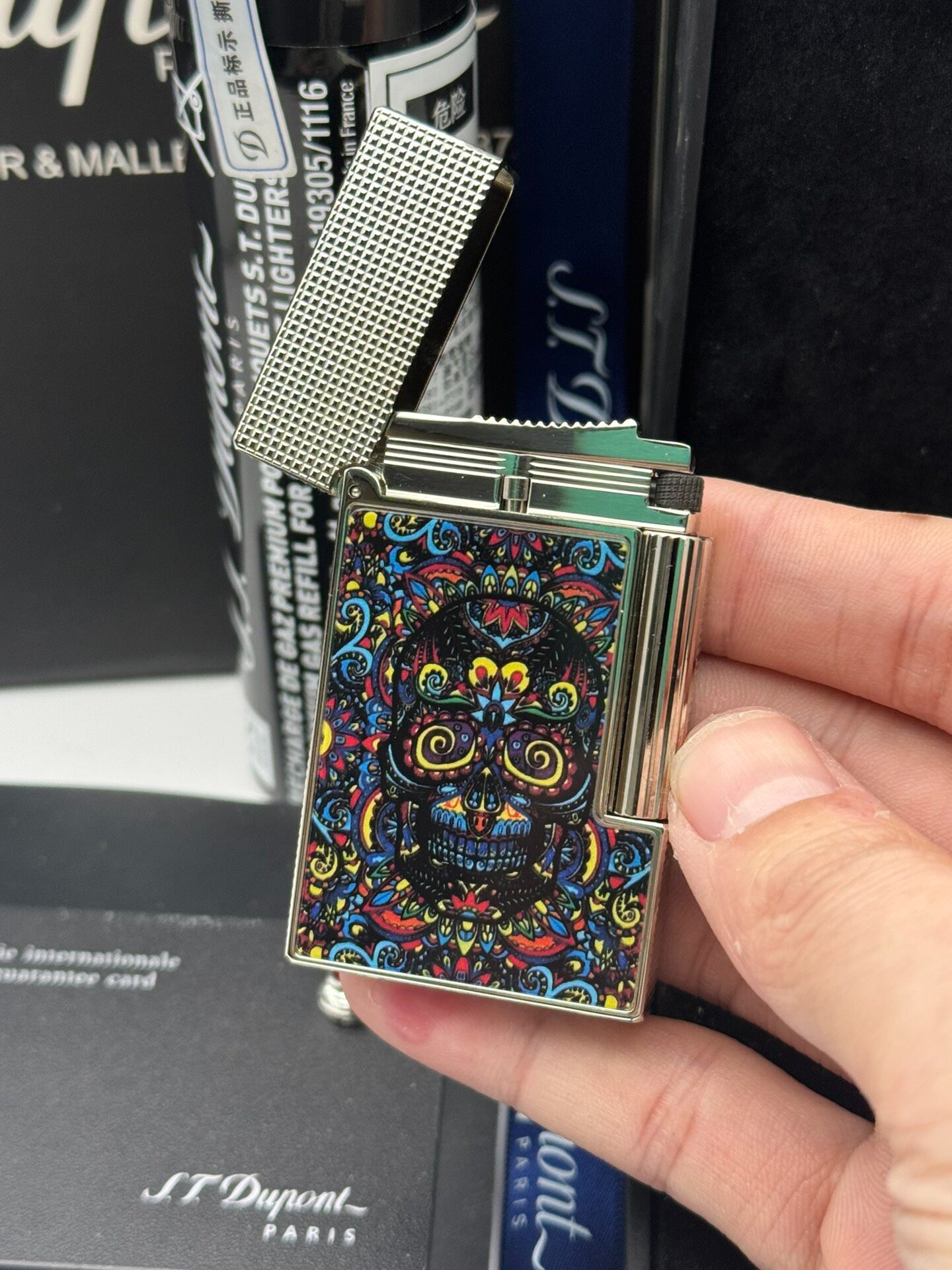 Mexican Sugar Skull Silver Lighter | Colorful Day of the Dead Art Double Flame Butane Lighter With Gift Box