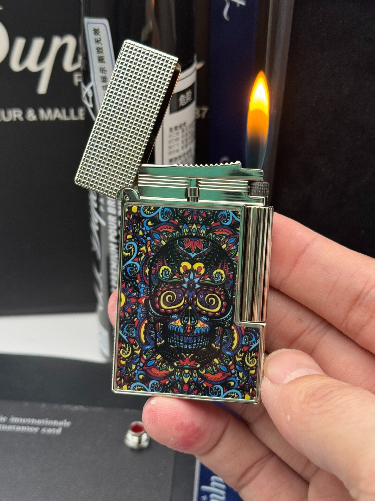 Mexican Sugar Skull Silver Lighter | Colorful Day of the Dead Art Double Flame Butane Lighter With Gift Box