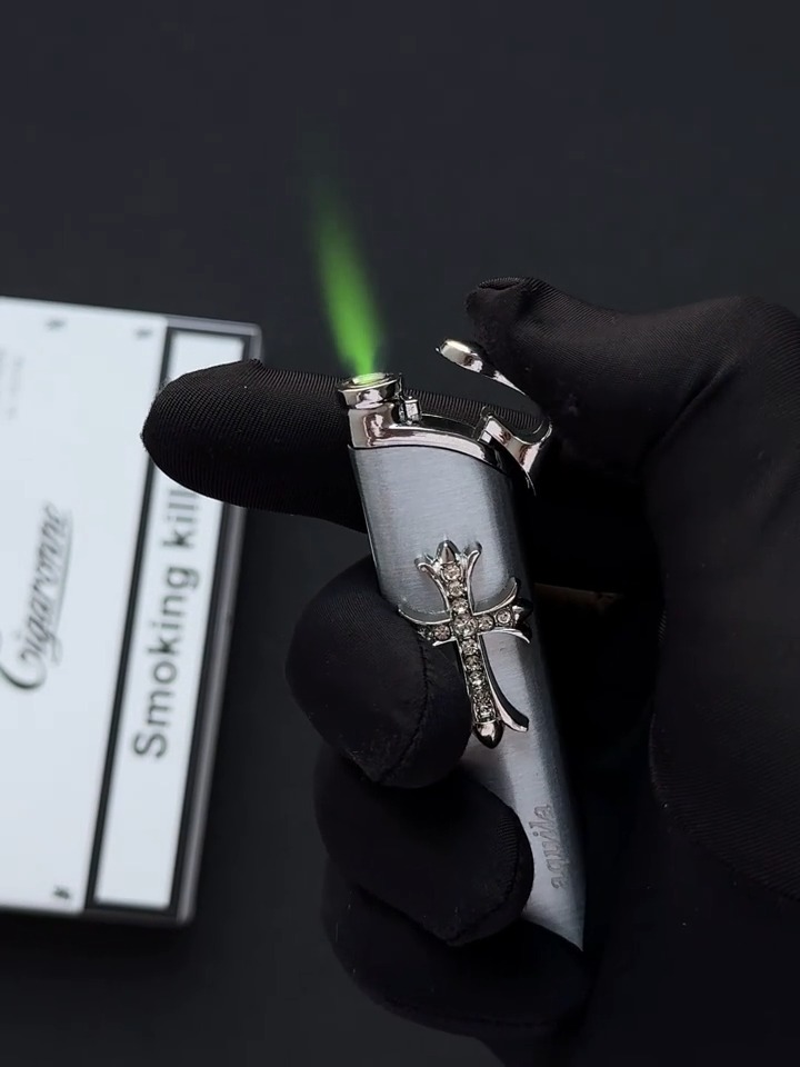 Brushed Silver Cross Gradient Flame Windproof Torch Lighter | Unique Gift