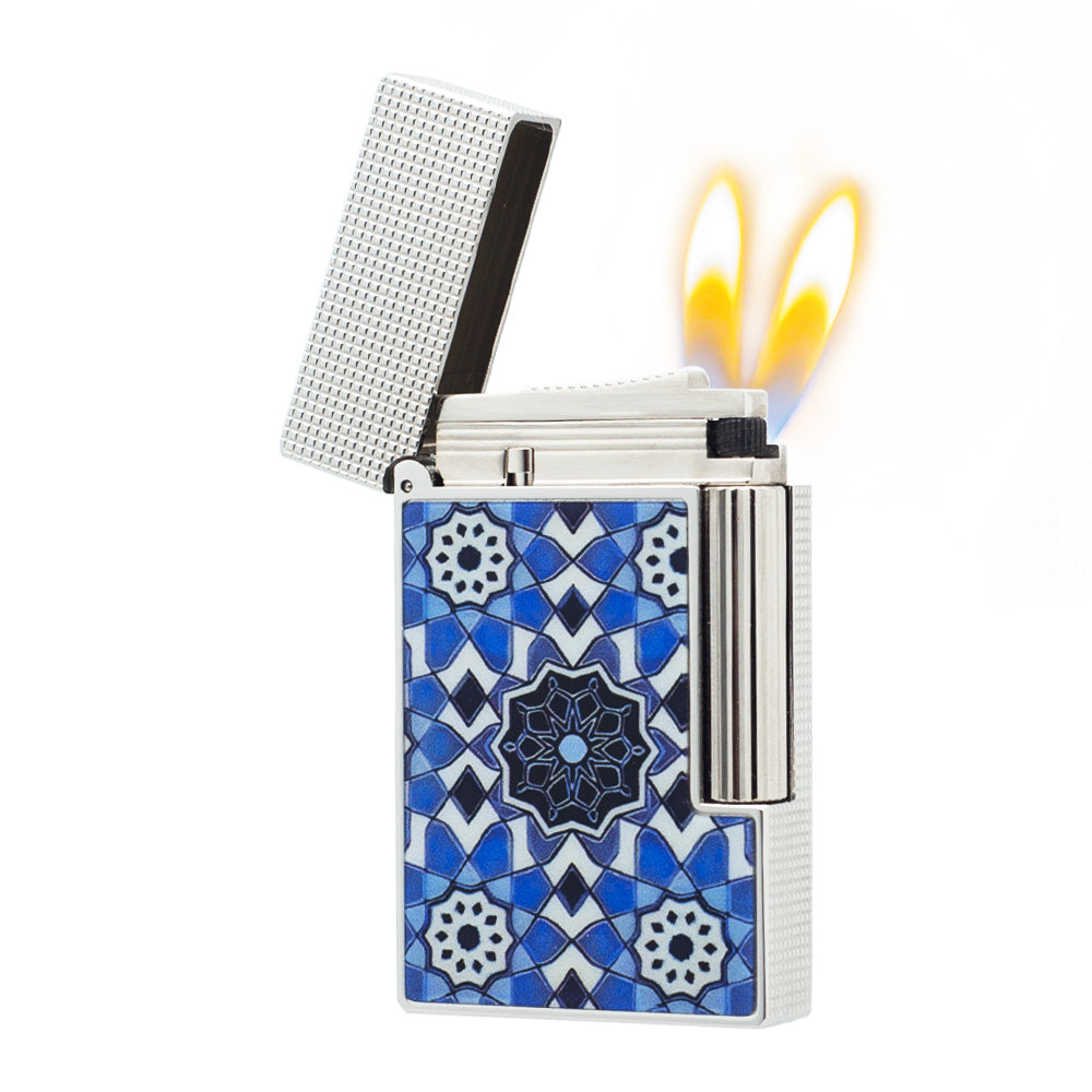 Double Flame S.T. Dupont Ligne 2 Alhambra Collection Blue Mosaic Lighter - Detail View