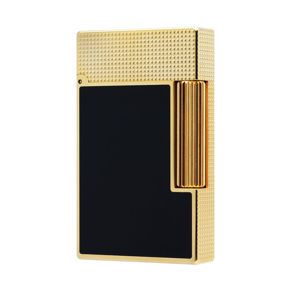 S.T. Dupont Ligne 2 Natural Lacquer Gas Lighter with Lattice Engraving - Black Gold - Front View