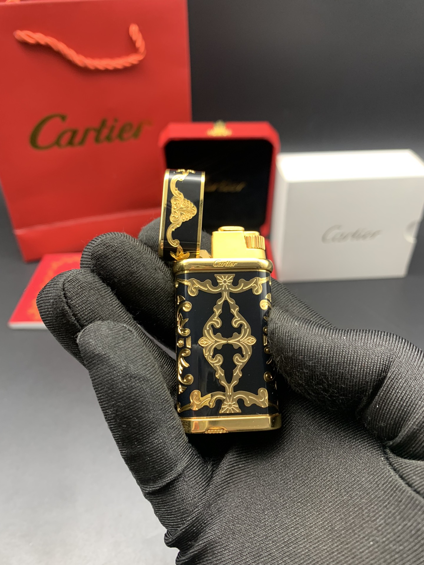 Cartier Lighter Black & Gold Vintage Baroque Scroll Edition With Gift Box