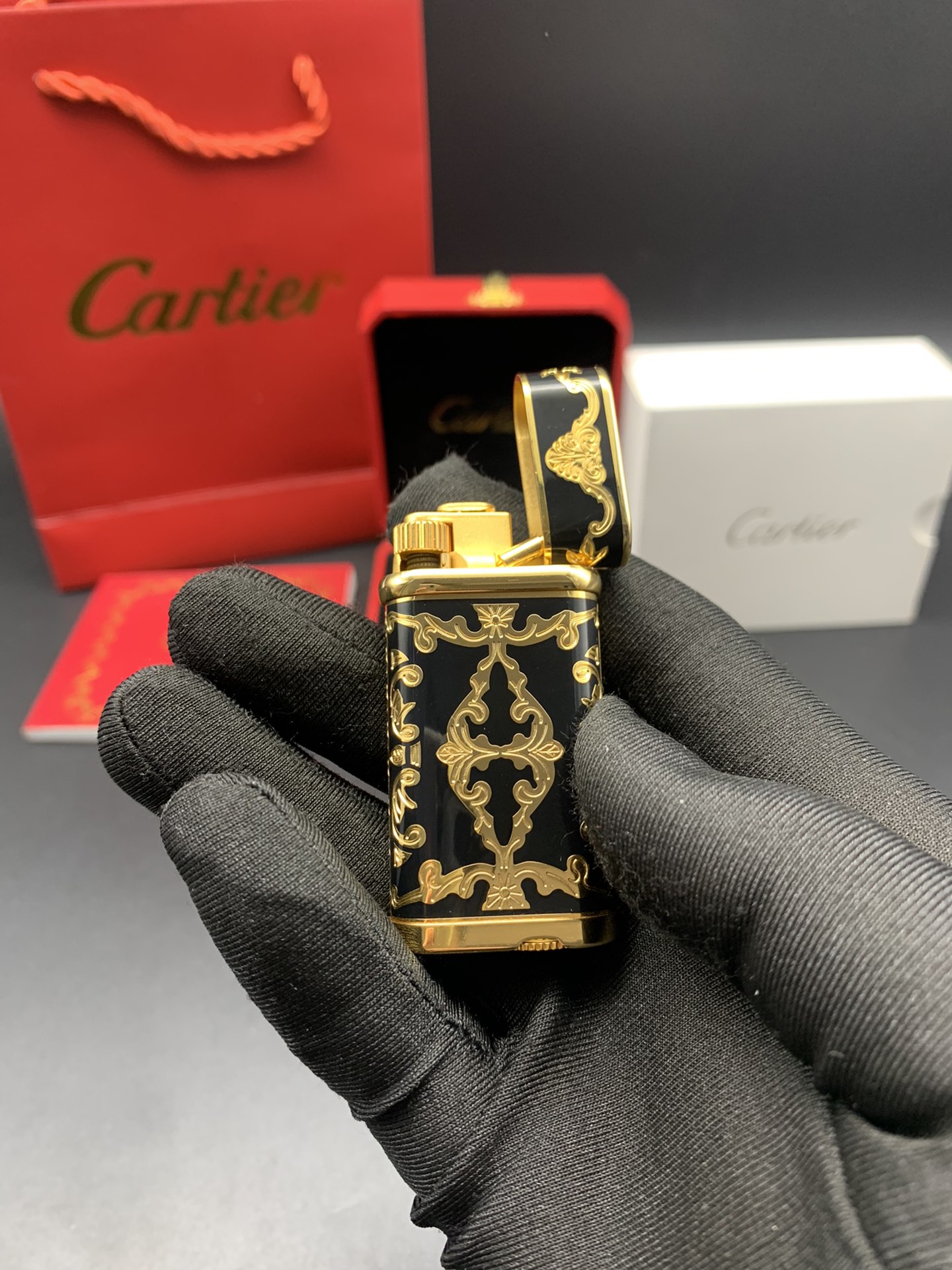 Cartier Lighter Black & Gold Vintage Baroque Scroll Edition With Gift Box