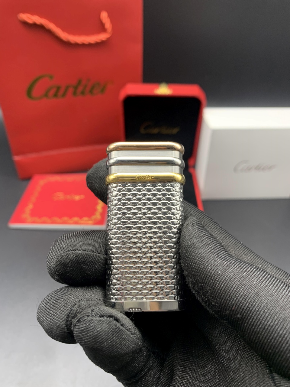 Cartier Lighter Silver Diamond-Pattern with Gold Accent With Gift Box